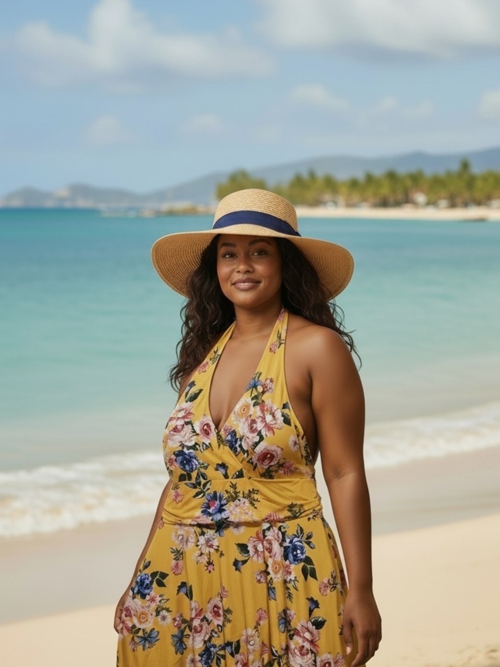 3X Floral Halter Swim Suit in Yellow and Pink